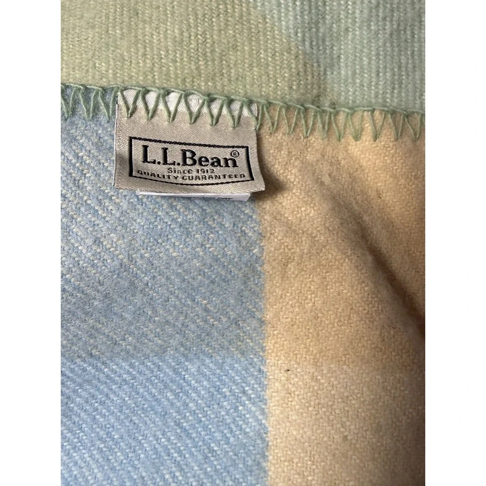 LL Bean Wool Blanket King Plaid Check Whipstitch Hem Blue Green Cream Lodge Camp